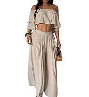 Womens 2 Piece Off Shoulder Pants Sets Summer Trendy Short Sleeves Cropped Top Palazzo Wide Leg P... | Amazon (US)
