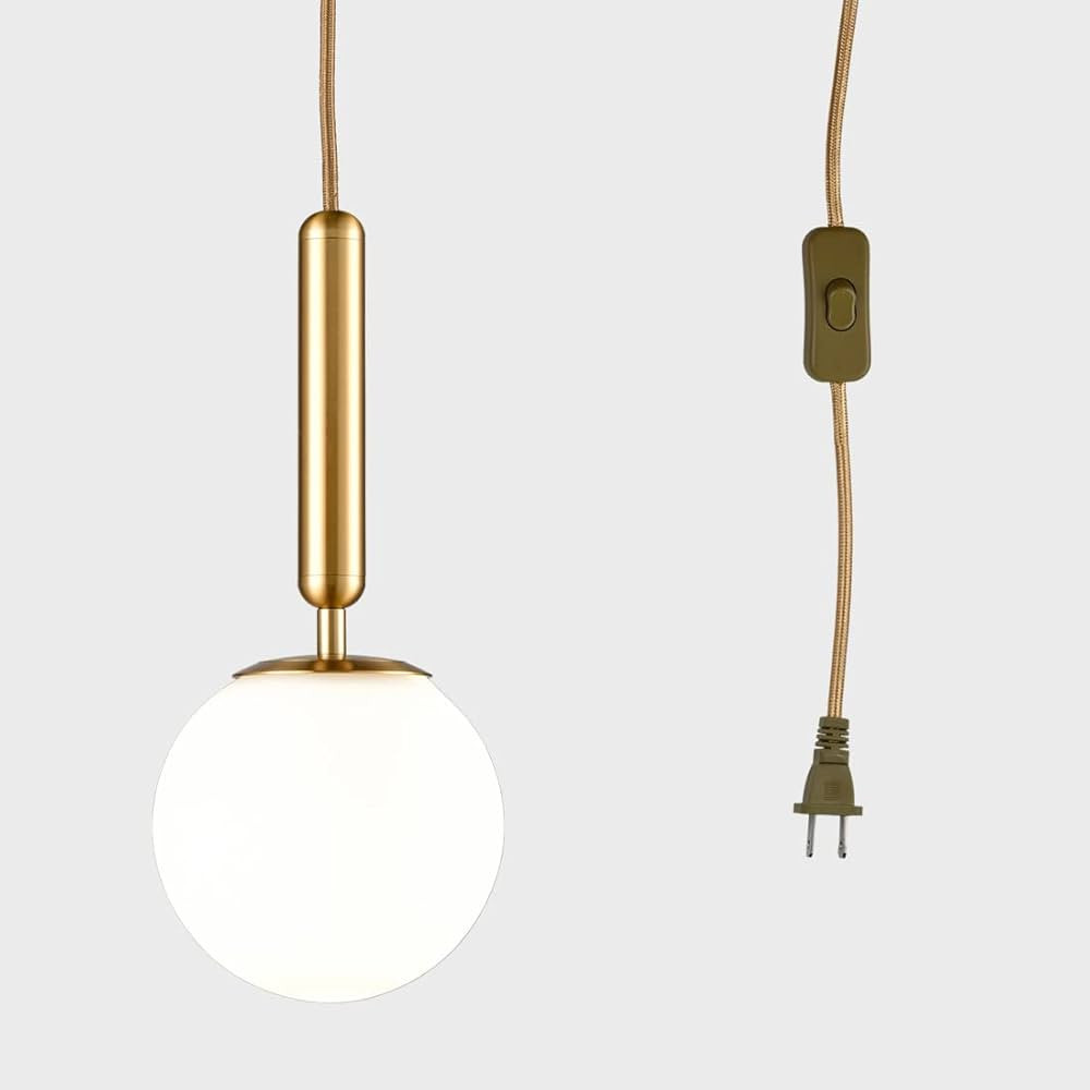 DIRYZON Modern Gold Pendant Light with Plug-in Cord,Milk Glass Pendant Lighting Globe Swag Light ... | Amazon (US)