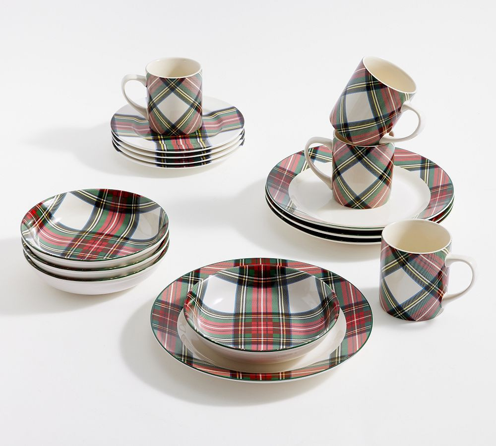 Stewart Plaid 16-Piece Dinnerware Set - White | Pottery Barn (US)