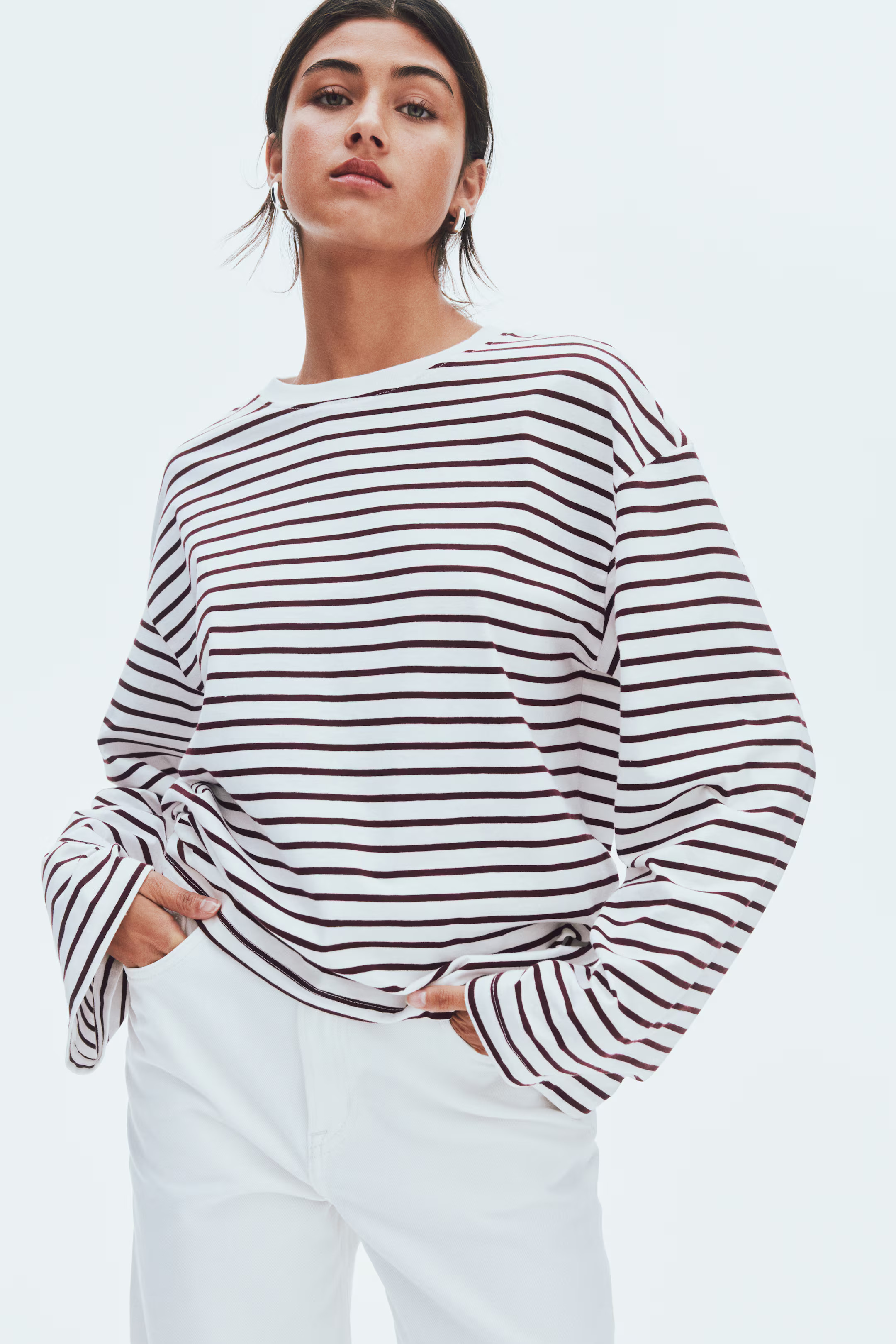 Long-Sleeved Cotton Top - Dark brown/striped - Ladies | H&M US | H&M (US + CA)