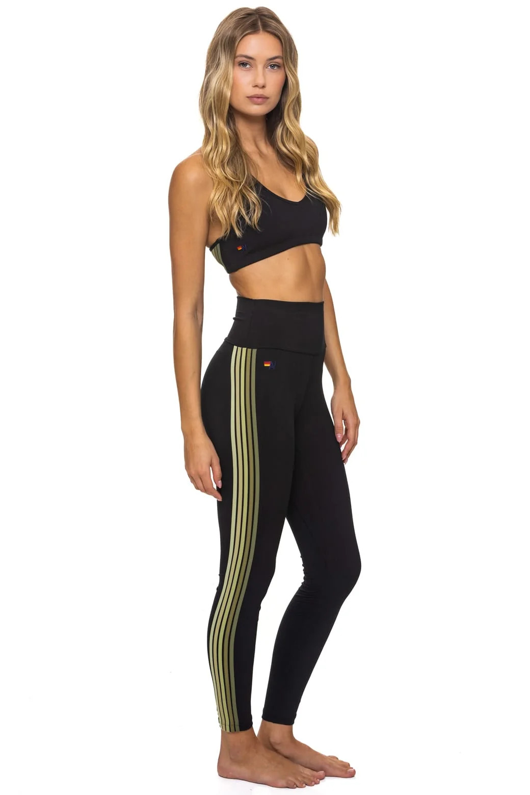 FULL LENGTH HI-RISE 5 STRIPE LEGGINGS - BLACK // ARMY | Aviator Nation