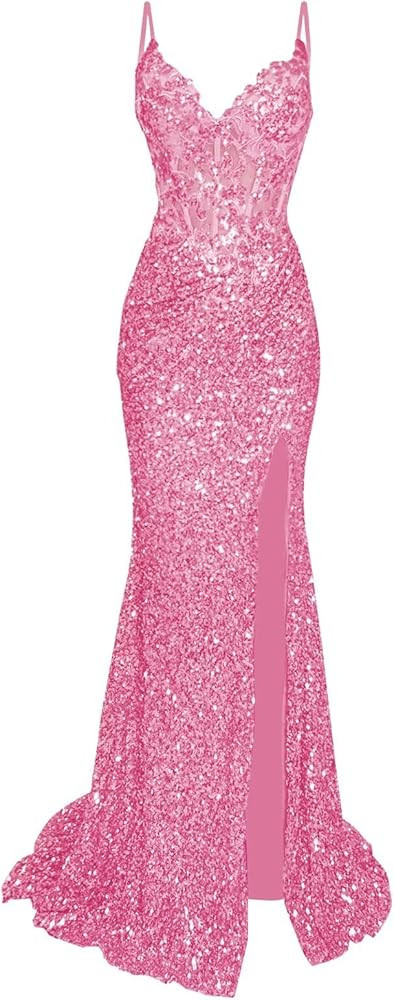 Sparkly Prom Dresses Long Sequin Mermaid Spaghtti Straps Lace Applique Corset Ball Gown | Amazon (US)