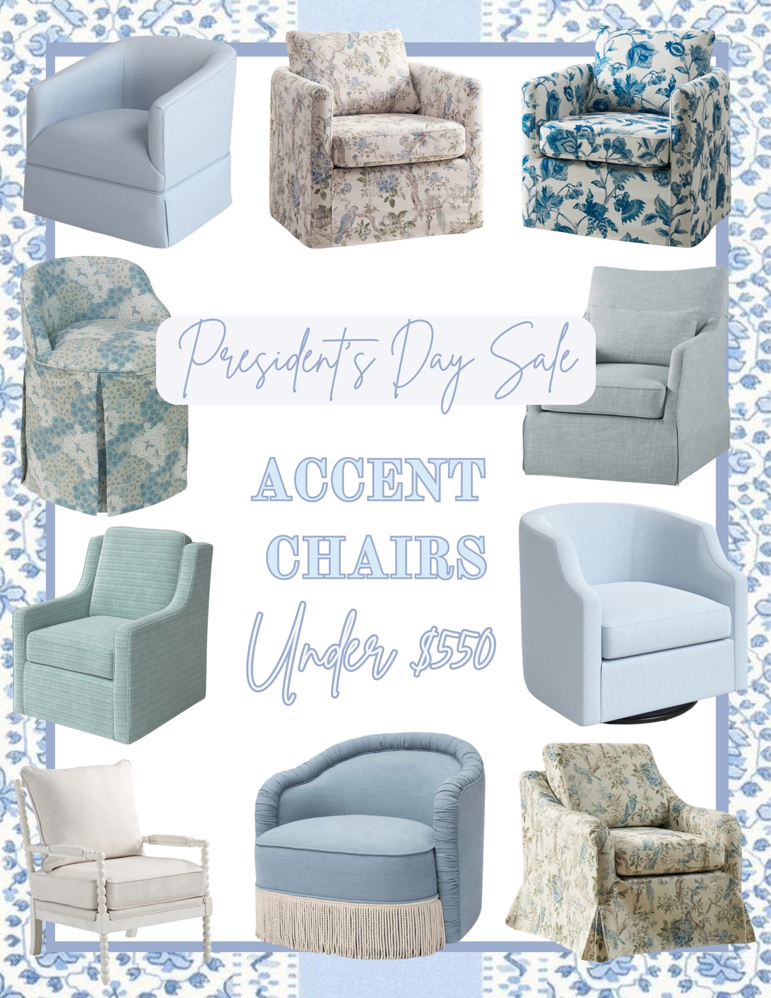president’s day sale!! blue and cream accent chairs all under $550🩵🤍






accent chair sale blue cream decorative chair swivel upholstered affordable patterned solid 

#LTKMostLoved #LTKHome #LTKSaleAlert