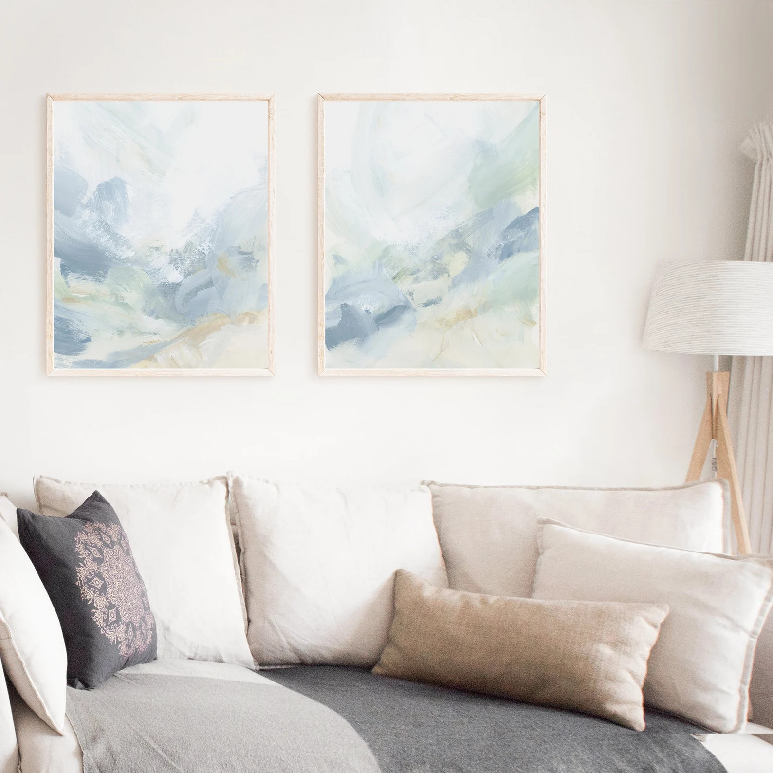 Modern Abstract Coastal Painting Set Light Neutral Blue Green Beach House Artwork Diptych 2 Piece... | Etsy (US)