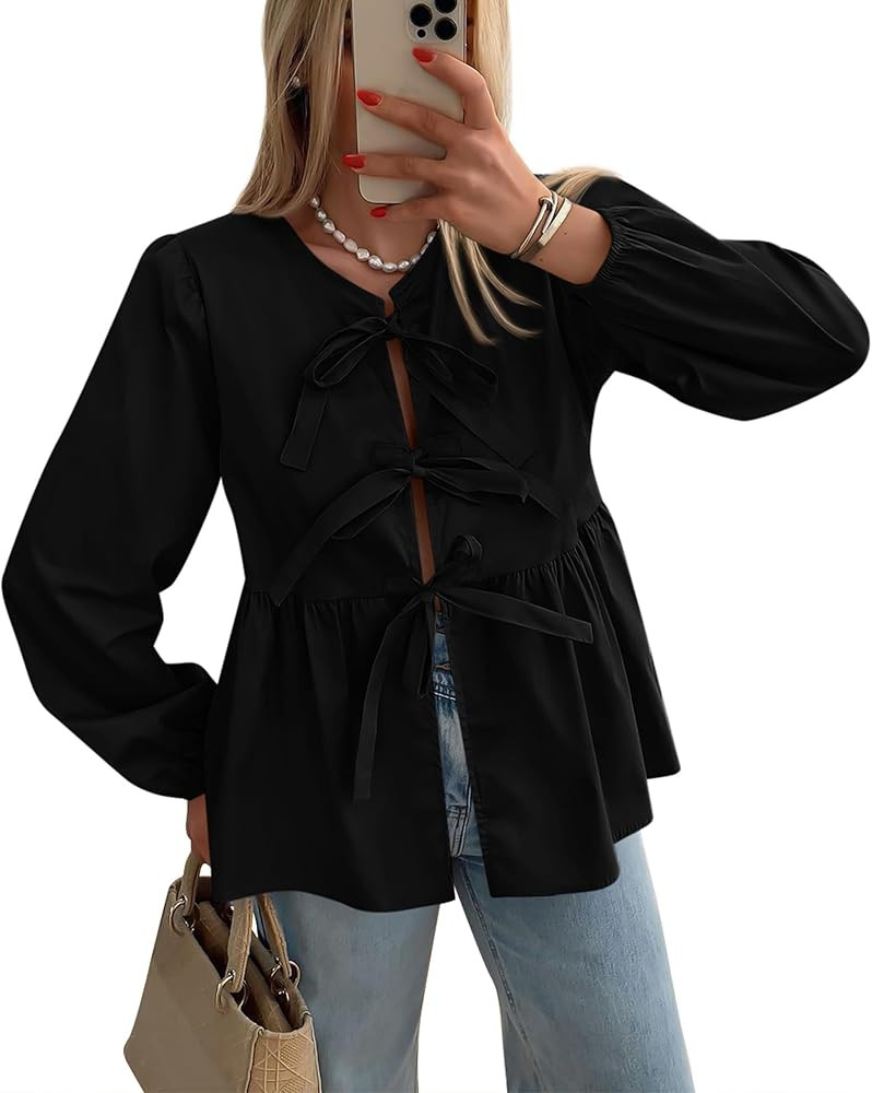 PRETTYGARDEN Women's Babydoll Peplum Blouse Shirt Puff Long Sleeve Bow Tie Front Trendy Cute Y2K ... | Amazon (US)