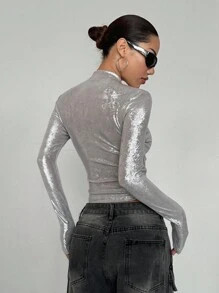 StreetHx Women's Stylish Shiny Slim-Fit Turtleneck Long Sleeve T-Shirt Fall Cloth For Women | SHEIN