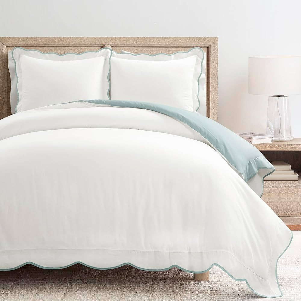 Lush Decor Coastal Chic Scalloped Edge Cotton Duvet Cover Set, 3 Piece Set, Full/Queen, Blue & White - Queen Bedding Set - White Duvet Cover Queen - Coastal Decor | Amazon (US)