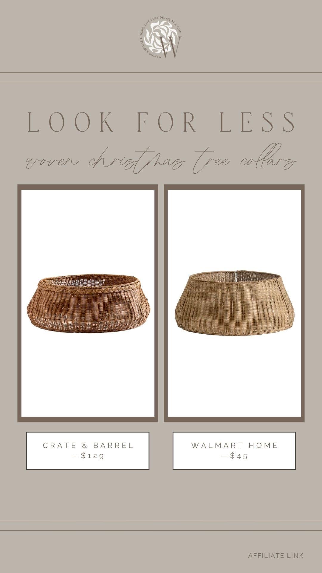 This Walmart woven rattan Christmas tree collar is beautiful! It reminds me of this designer style, along with a few other high-end options. Only $45!!