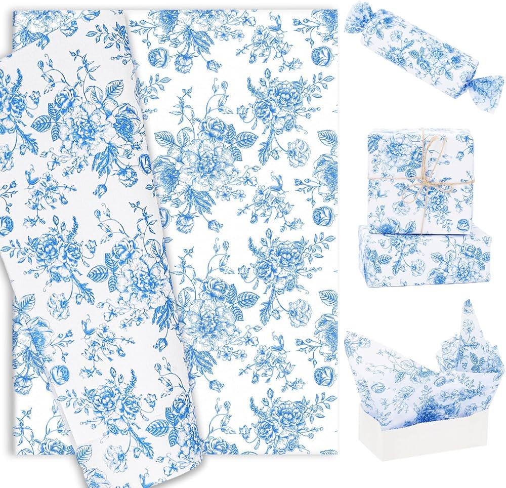 Generic 60 Sheets Blue Floral Tissue Paper Chinoiserie Gift Wrapping Paper Vintage Blue White Flo... | Amazon (US)