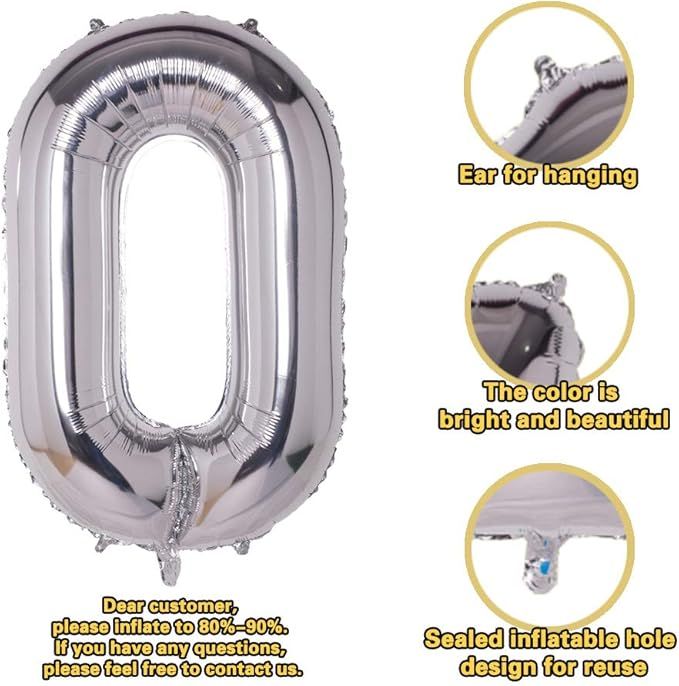 Number 0 Balloons Silver,Birthday Decorations Supplies Helium Foil Mylar Digital Balloons (40 Inc... | Amazon (US)