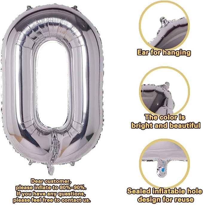 Number 0 Balloons Silver,Birthday Decorations Supplies Helium Foil Mylar Digital Balloons (40 Inc... | Amazon (US)