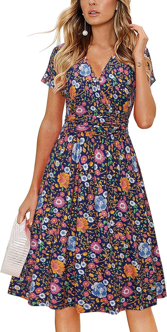 Newshows Women's Summer Short Sleeve Dress V Neck Floral Casual Faux Wrap Party Midi Sundress with P | Amazon (US)
