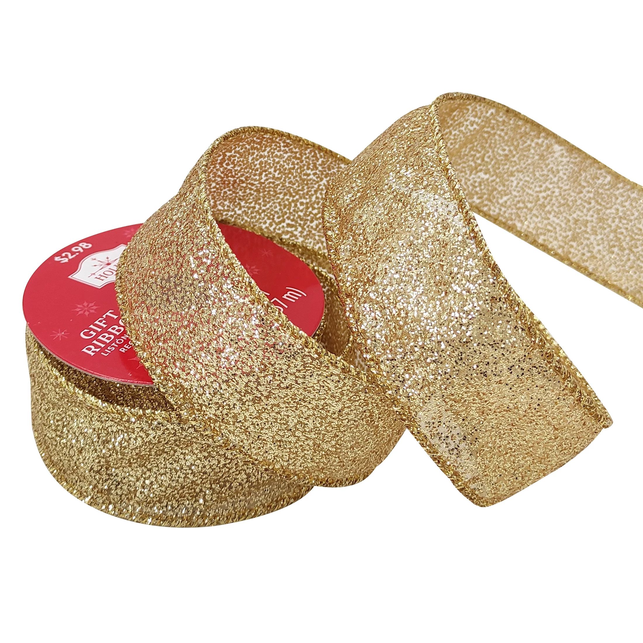 Wired Edge Gift Wrap Fabric Ribbon, Gold Metallic Glitter with Sewn Edge, 1.5 in x 15 ft, by Holi... | Walmart (US)