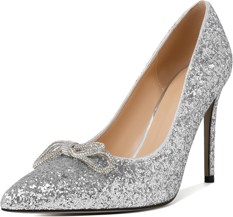 AUMOTED Women Closed Toe Stiletto High Heels Rhinestone Bow Heels Dress Pointed Toe Wedding Pump ... | Amazon (US)