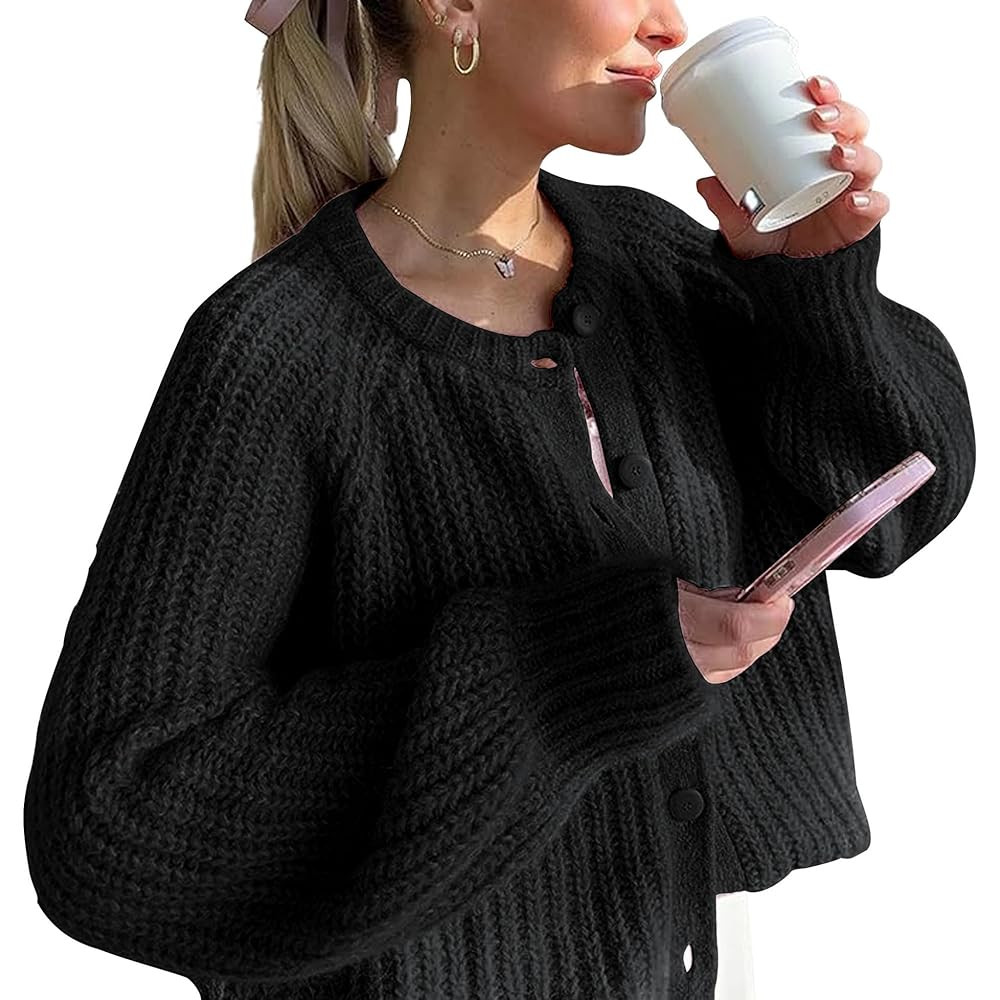 Crochet Cardigan Sweaters for Women Tops Chunky Knitted Crew Neck Long Sleeve Button Down Jackets... | Amazon (US)