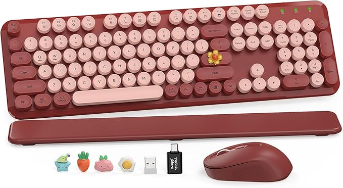 Wireless Keyboard and Mouse Combo, Wine Red Retro Typewriter Style Keyboard with Round Keycaps an... | Amazon (US)