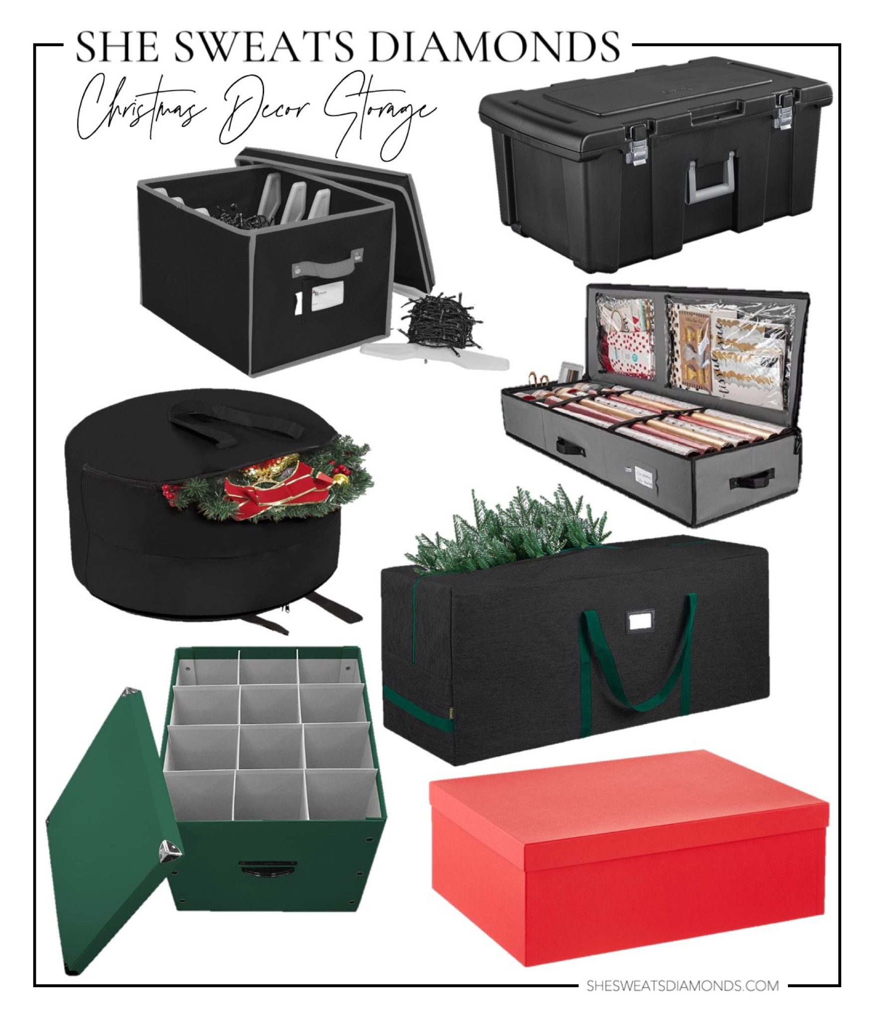 Looking at some Christmas decor storage: wrapping paper organizer, ornament box, Christmas tree storage bag, wreath storage, holiday lights storage, and figurine storage box.

#LTKSeasonal #LTKunder100 #LTKhome