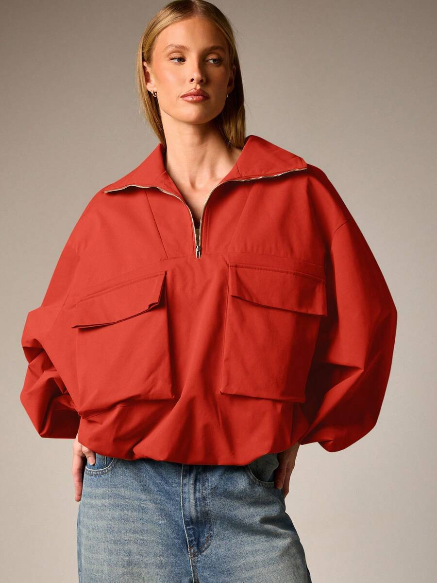 AiiRZ Women's Oversized Utility Track Top With Bellow Chest Pockets Half Zip Stand Collar Lightwe... | SHEIN