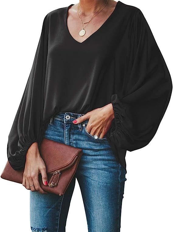 BELONGSCI Women's Casual Sweet & Cute Loose Shirt Balloon Sleeve V-Neck Blouse Top | Amazon (US)