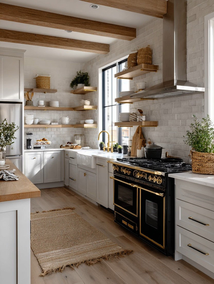 Want to instantly modernize your kitchen without a full renovation?

Create contrast.

One of the biggest shifts in kitchen design right now is moving away from everything matching and embracing intentional contrast instead.

Look at this space.

The warm natural wood.
The soft ivory cabinetry.
The open floating shelves.
The brushed gold accents.

And then the piece that anchors it all...

A stunning black and gold range.

That single statement piece instantly transforms the kitchen from beautiful to unforgettable.

The black adds depth.
The gold adds warmth.
The combination creates the kind of designer look you usually see in luxury homes and European kitchens.

To complete the look, layer in extra floating shelves with elegant gold brackets. They provide valuable storage while creating space to display beautiful dishes, pottery, cookbooks, baskets, olive oils, and everyday essentials.

And don't forget the finishing detail—a gorgeous gold faucet.

At Elegant & Driven, we often say that luxury lives in the details. Sometimes you don't need new cabinets, new counters, or a complete remodel.

You simply need one strong focal point surrounded by beautiful supporting pieces.

✨ Black and gold range.
✨ Floating shelves with gold accents.
✨ A timeless gold faucet.

Three details that completely transform a kitchen.

#KitchenDesign #LuxuryKitchen #KitchenInspiration #GoldFaucet #FloatingShelves #ModernKitchen #EuropeanKitchen #KitchenDecor #HomeDecorIdeas #ElegantAndDriven 

 #LTKHome