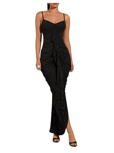 Floerns Women's Ruffle Ruched Cami Dress Draped Split Elegant Bodycon Maxi Dresses Black Small | Amazon (US)