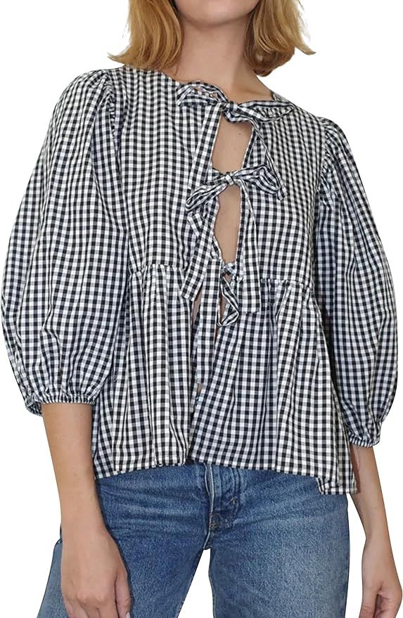 Women Tie Up Front Plaid Peplum Tops Loose Crewneck 3/4 Puff Sleeve Blouse Shirts Y2K Going Out P... | Amazon (US)