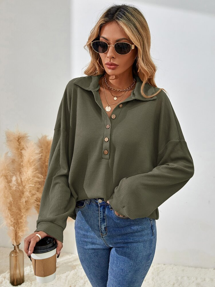 Half Button Drop Shoulder Tee | SHEIN
