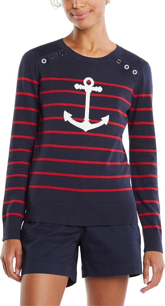 Nautica Women's Voyage Long Sleeve 100% Cotton Striped Crewneck Sweater | Amazon (US)