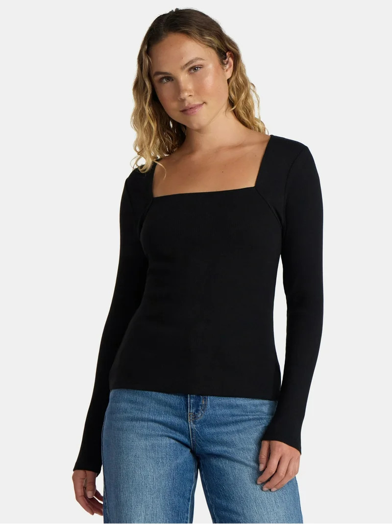 Time and Tru Women's Ribbed Square Neck Top, Size XS-3XL | Walmart (US)