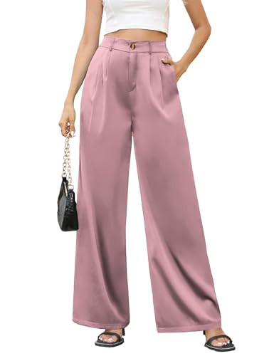 Kocowoo Women Casual High Waist Satin Dress Pants, Button Wide Leg Straight Long Trousers, Work Pants with Pockets for Women. Pink | Amazon (US)