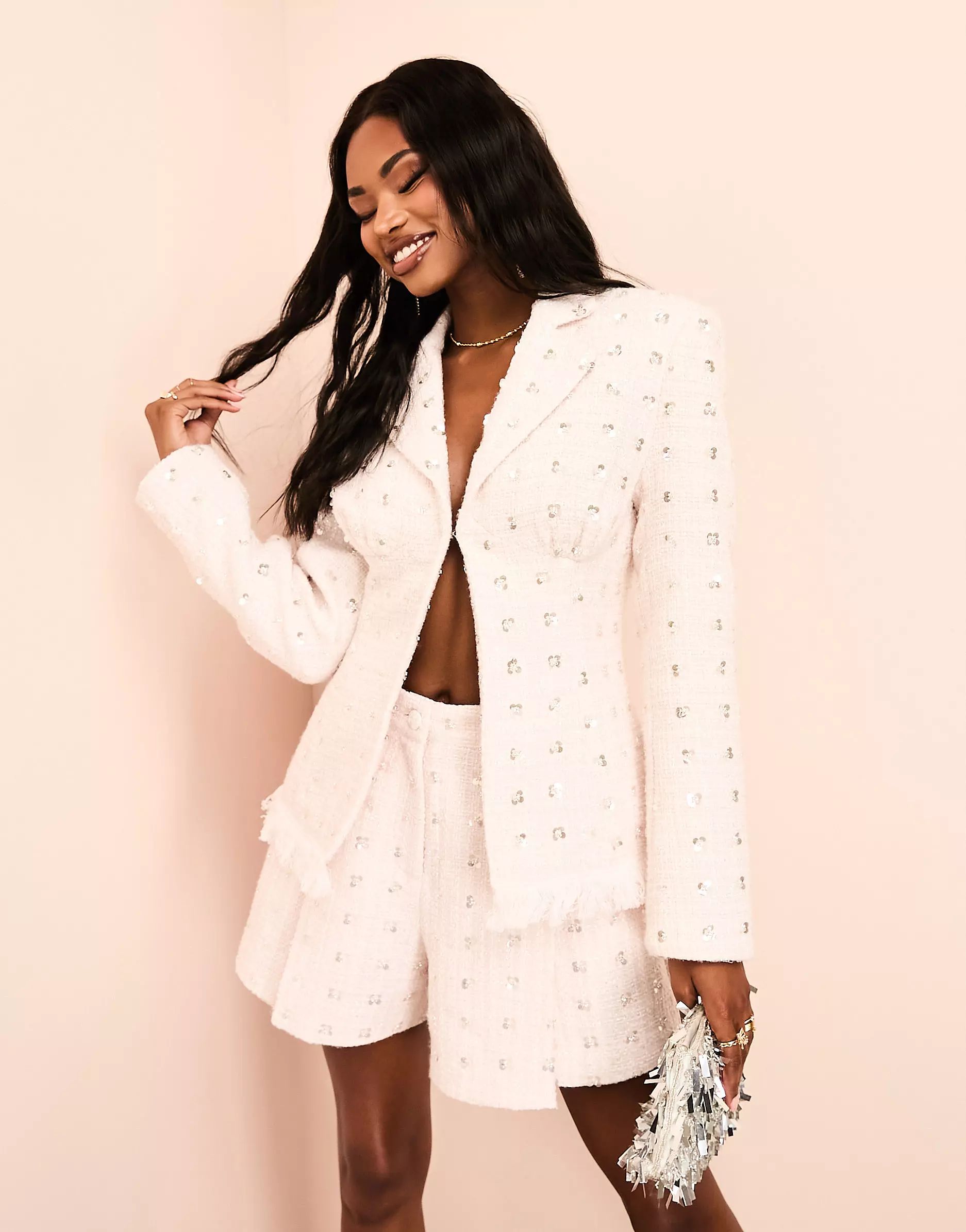 ASOS LUXE embellished boucle blazer with faux feather hem in pink | ASOS | ASOS (Global)