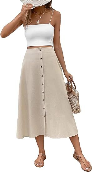 Verdusa Women's Casual Long Skirt Button Front High Waist Flare A Line Skirt | Amazon (US)