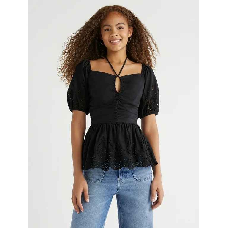 Free Assembly Women’s Cotton Ruched Eyelet Halter Top, Sizes XS-XXL | Walmart (US)