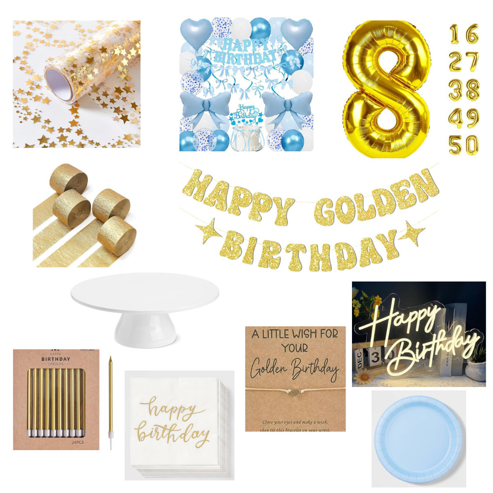 A birthday table for our golden birthday princess! Planning a golden birthday? Or maybe just a blue/bow theme? Here are some of my favorite items to celebrate the special day!  

 