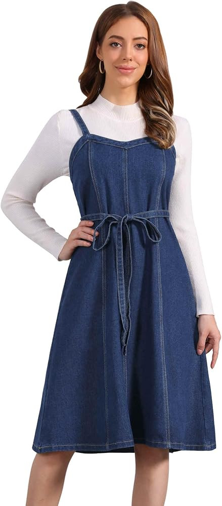 Allegra K Women Midi Denim Dress Sleeveless Sweetheart Neck Smocked Cross Back A-Line Belted Jean... | Amazon (US)