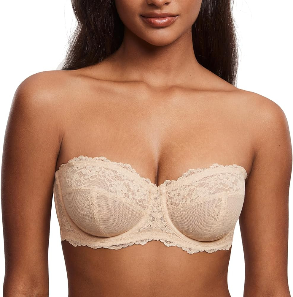 DOBREVA Unlined Lace Strapless Bra Sexy See Through Plus Size Convertible Underwire Bras Beige 34... | Amazon (US)