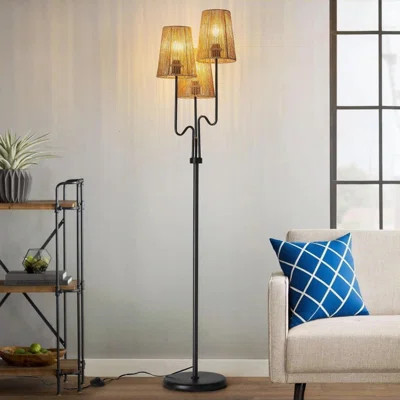 68" Boho Floor Lamp With Rattan Shades - 3-Light Tree Standing Lamp For Coastal & Bohemian Decor, E26 Socket With Foot Switch (Black) | Wayfair North America