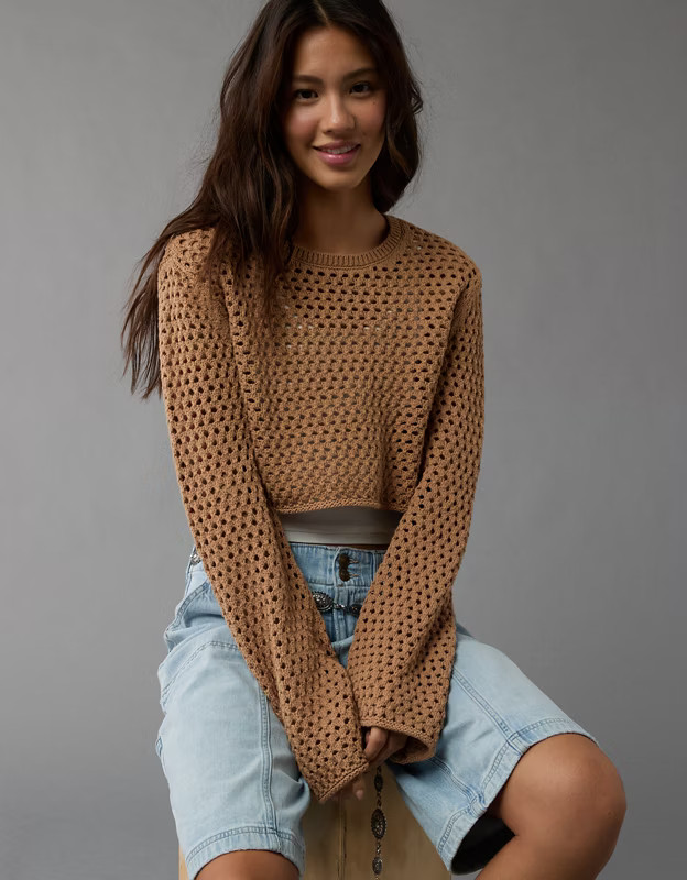 AE Cropped Mesh Pullover Sweater | American Eagle Outfitters (US & CA)