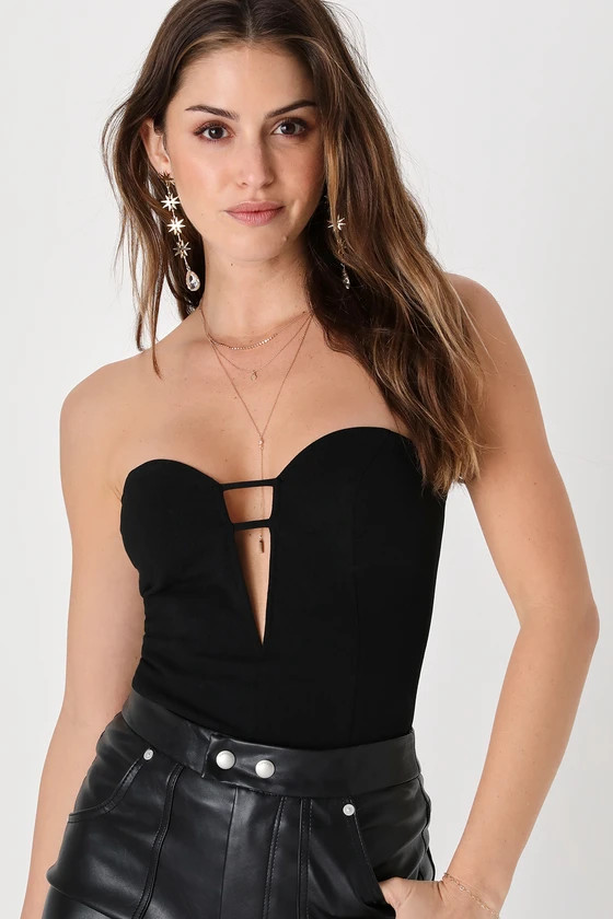 Flirty Obsession Black Strapless Cutout Bodysuit | Lulus (US)