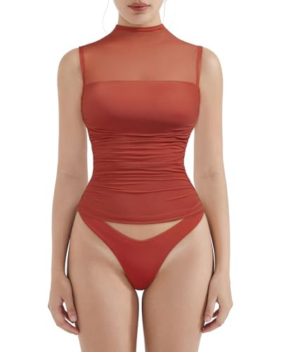 SUUKSESS Women Sexy Mesh Sheer Sleeveless Crop Tank Tops Double Lined Fitted Mock Turtle Neck Ruched Going Out Tops(Orange Red,XS) | Amazon (US)