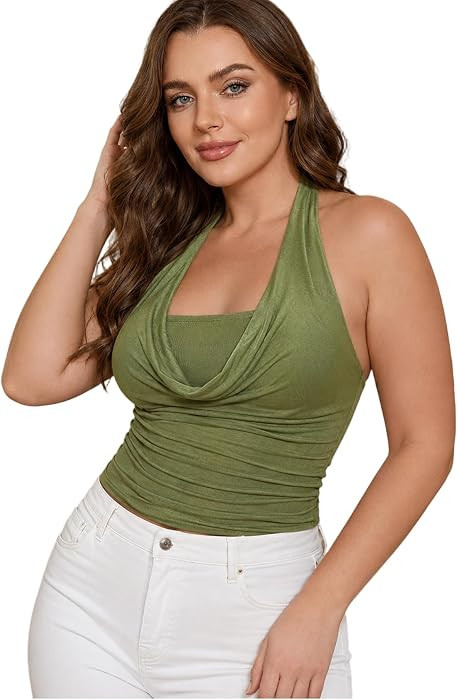 SOLY HUX Women's Plus Size Halter Draped Front Backless Tank Top Sleeveless Y2k Crop Tops | Amazon (US)