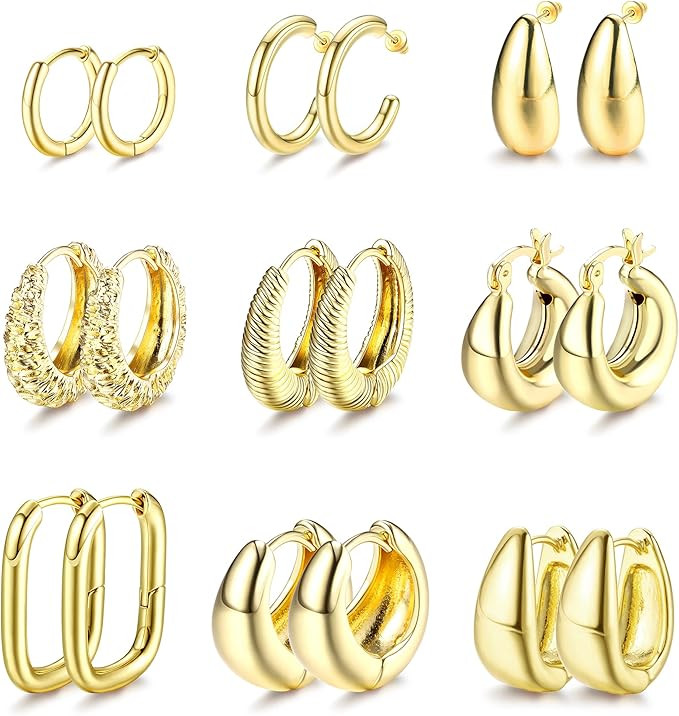 JeweBella 9 Paar Gold Creolen Ohrringe Set für Damen Mädchen 14K Vergoldet Ohrringe Hypoallerge... | Amazon (DE)