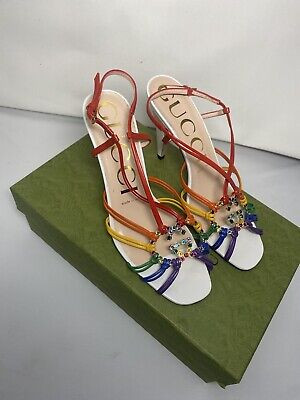 Gucci Isa Crystal 95 Heel Strappy Sandal White Multicolor US8 New w/ Box | eBay US