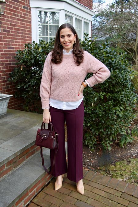 Business casual, office style, office outfit, business fashion, office fashion, color blocking, burgundy pants, work pants, work shoes, comfortable work heels, comfortable work pants, wide leg pants, wide leg trousers, sweater, pink sweater, sweater layering, pointelle sweater, watch, nacre

#LTKfit #LTKSeasonal #LTKworkwear