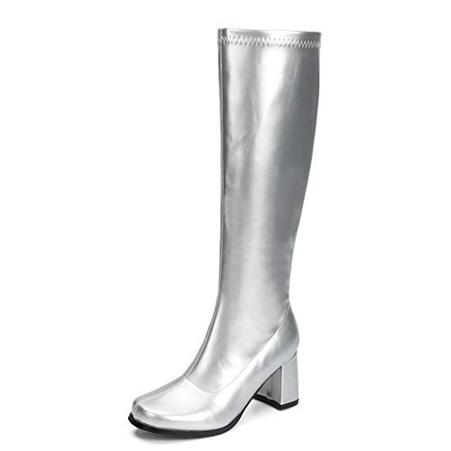 LIURUIJIA Women's Knee high Gogo Boots Square Toe Block Heel Disco Costume Zipper Tall Dance Boots Silver 42(260/US10) | Amazon (US)