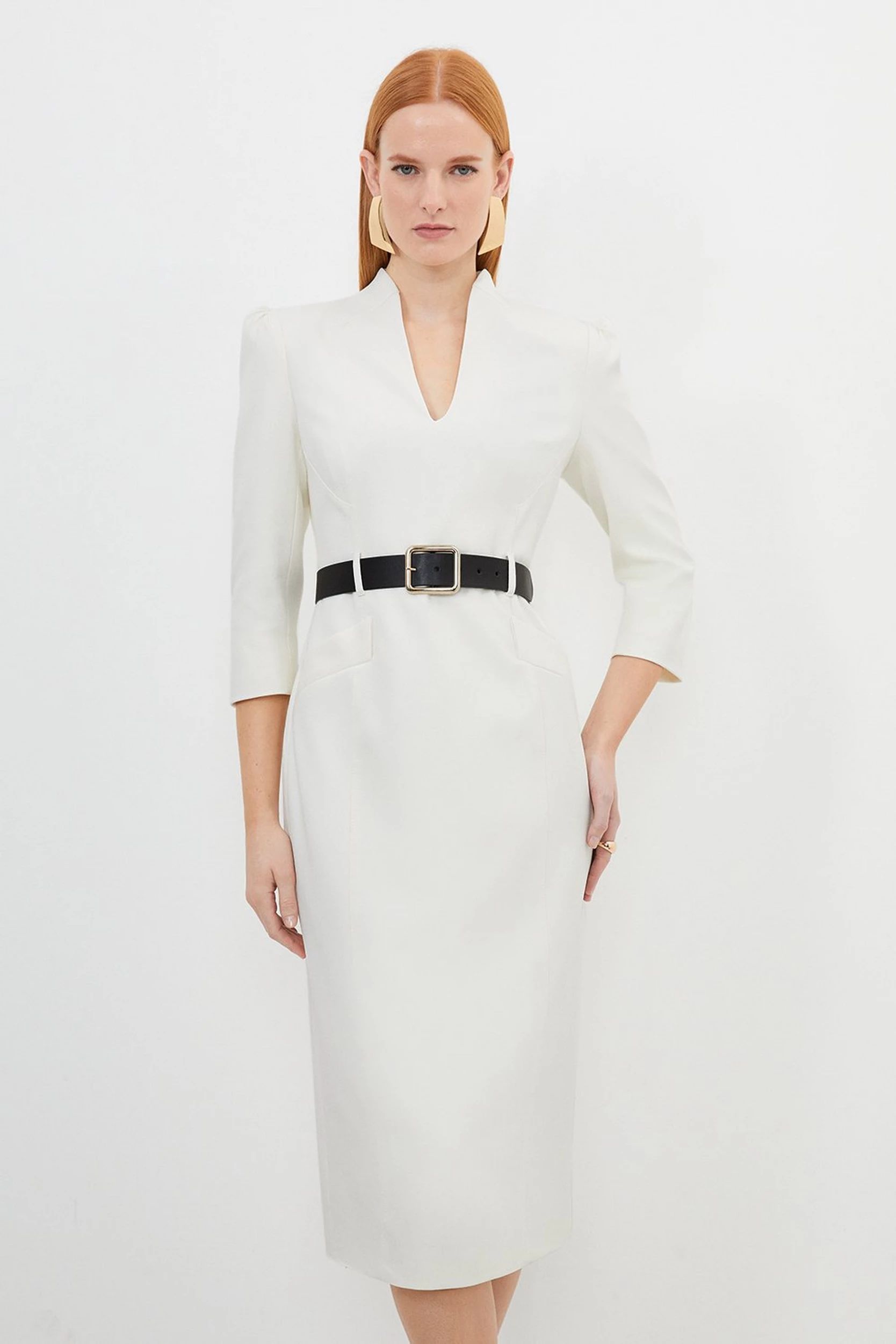 Tailored Structured Crepe High Neck Belted Pencil Dress | Karen Millen UK + IE + DE + NL