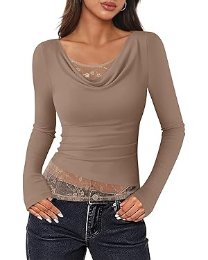 ZESICA Women's Fall Long Sleeve Tops 2026 Casual Cowl Neck Lace Slim Fit Going Out Y2k Knit Shirt... | Amazon (US)