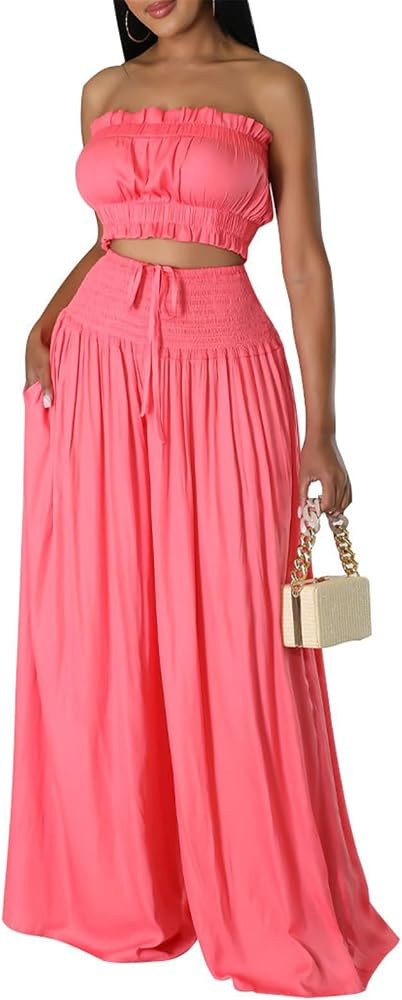 Qikaka Women's 2 PCS Ruched Ruffles Tube Tops Bodycon Wide Leg Pants Sexy Nightclub Party Tracksu... | Amazon (US)