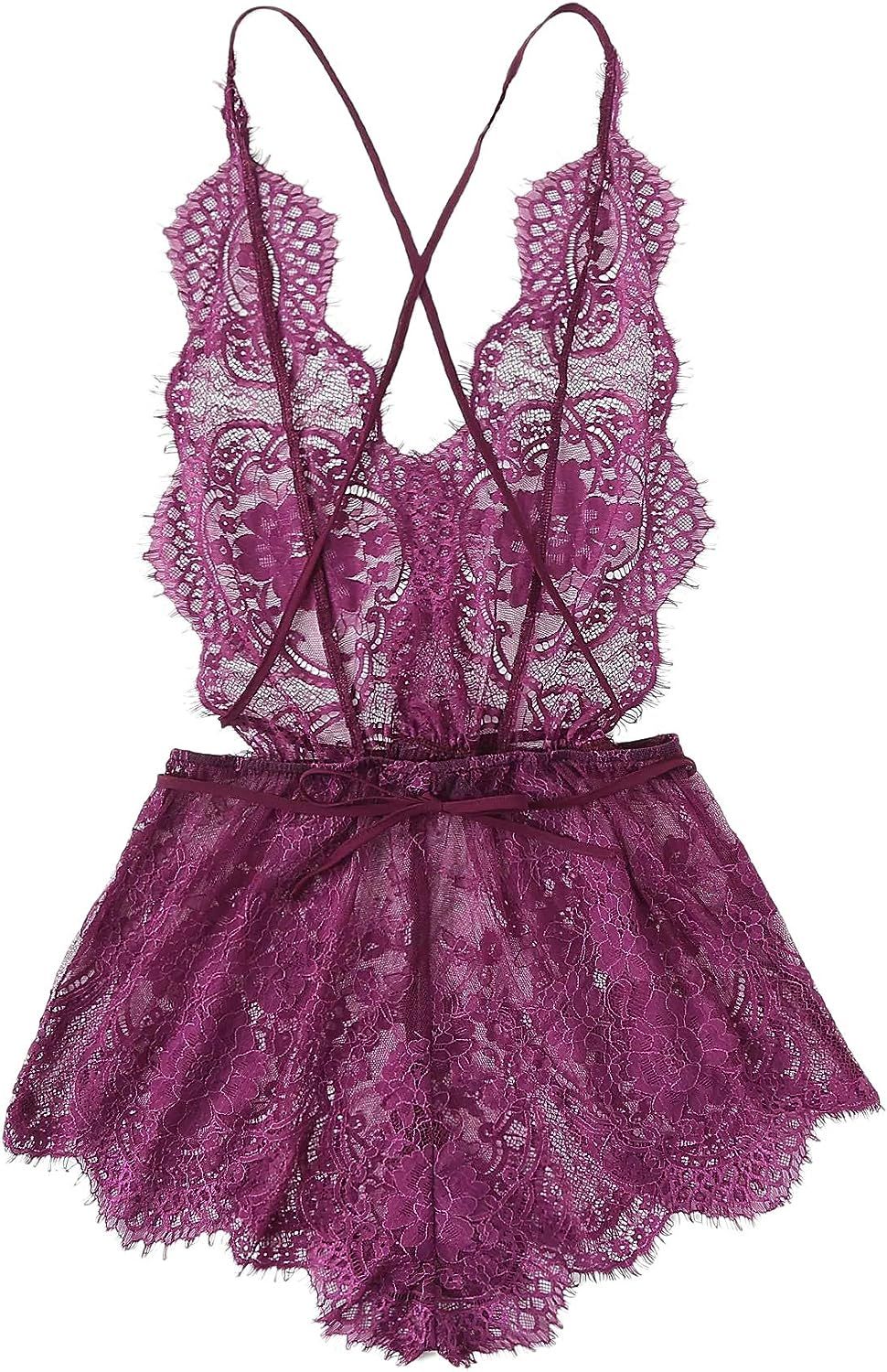 MakeMeChic Women's Lace Teddy Lingerie Deep V Backless Sleeveless Romper Sleepwear | Amazon (US)