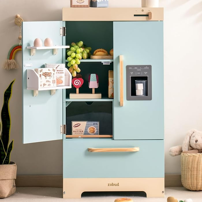 ROBUD Fridge Refrigerator with Ice Dispenser, Wooden Play Fridge Freezer Set for Kids, Toddler Ki... | Amazon (US)